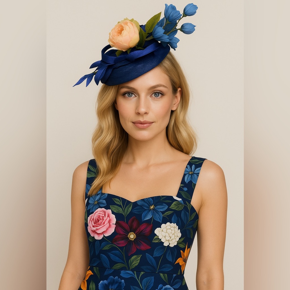 New Kentucky Derby Hat Elegant Navy Fascinator Blue Peach Peony Floral Headwear
